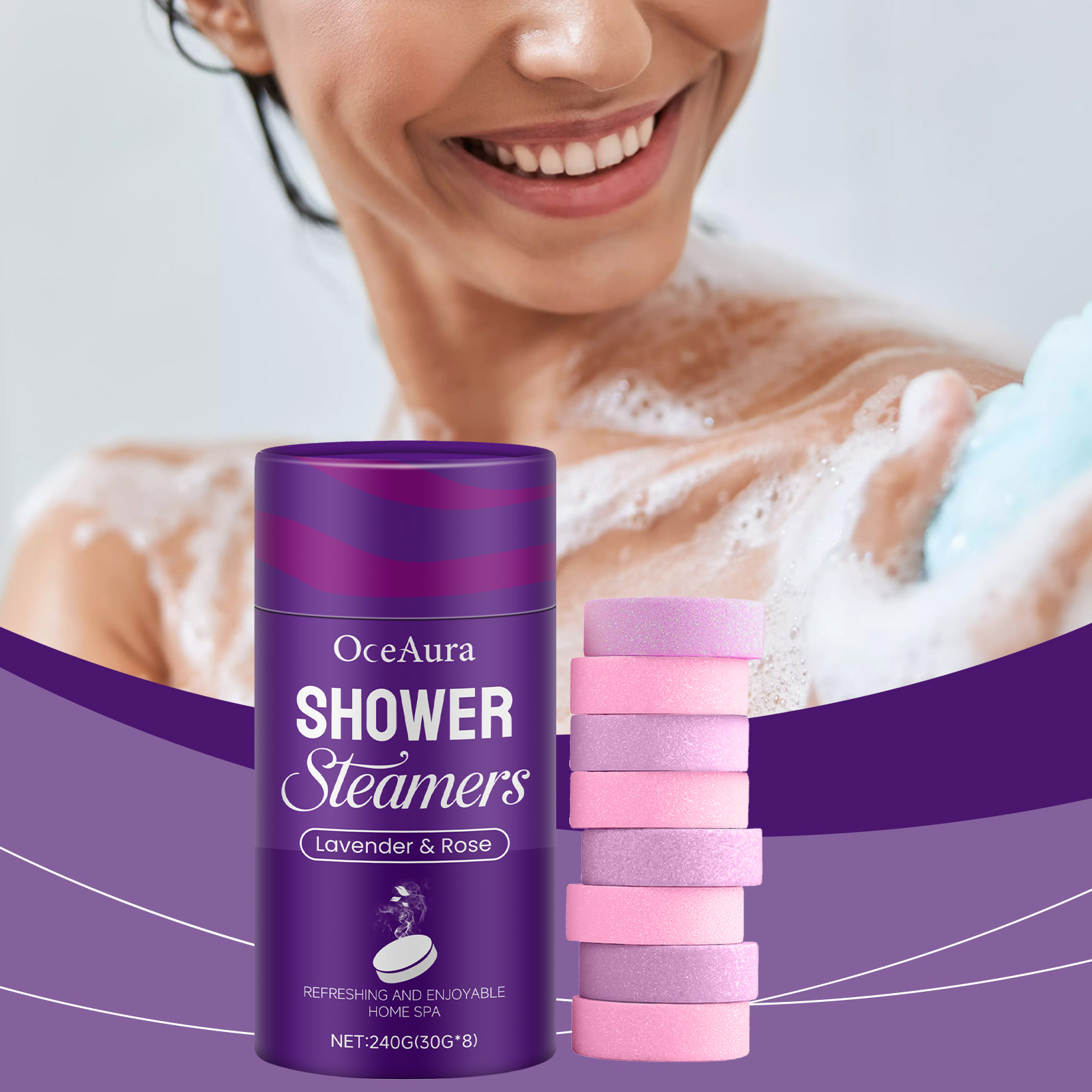 Shower Steamer Tablet - เม็ดฟู่อาบน้ำกลิ่นโรสลาเวนเดอร์ สำหรับสปาที่บ้าน ผ่อนคลายร่างกายและจิตใจ ผลิตภัณฑ์อาบน้ำ เม็ดฟู่อาบน้ำ